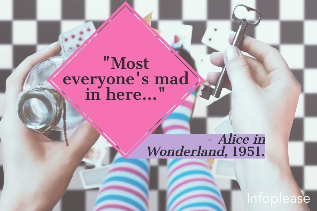 Alice in Wonderland quote over trippy flooring with key