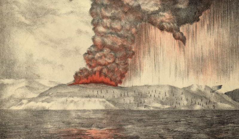 	 A massive volcanic eruption on the island of Krakatoa  blew up most of the island and resulted in 