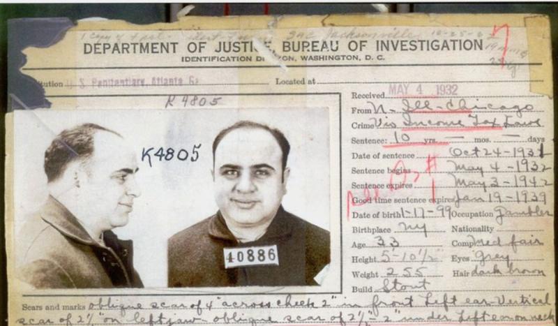 Mobster Al Capone was convicted of income tax evasion for which he was sentenced to 11 years in pris
