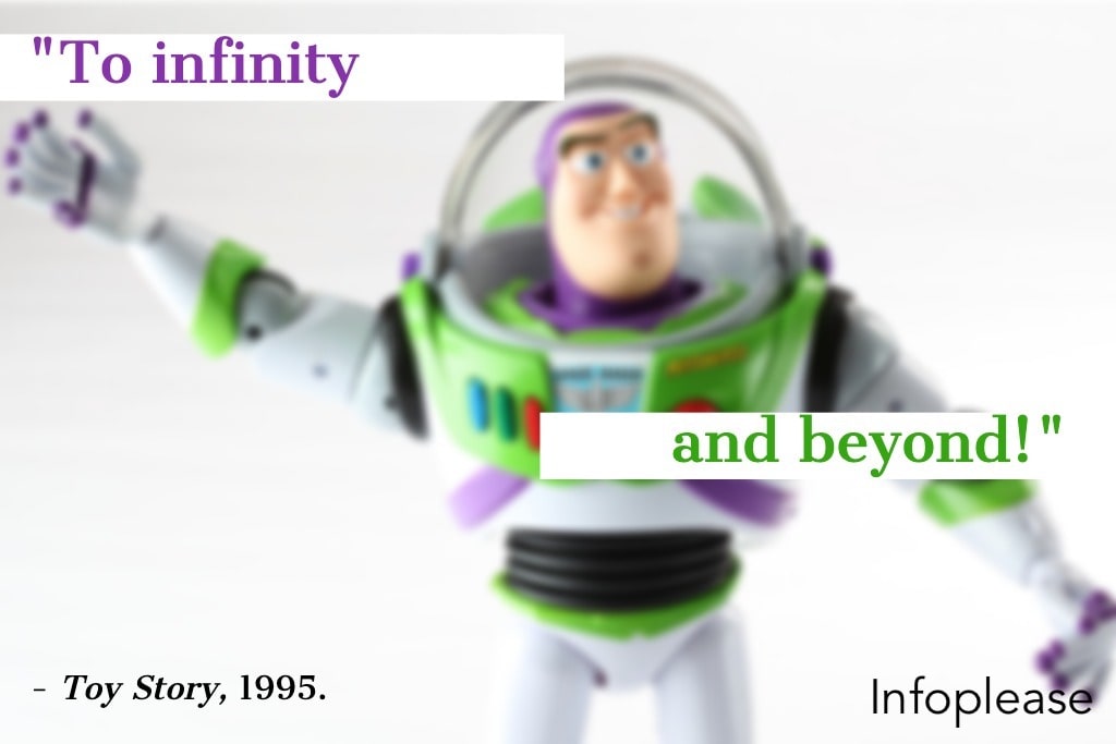 Toy Story quote over Buzz Lightyear toy